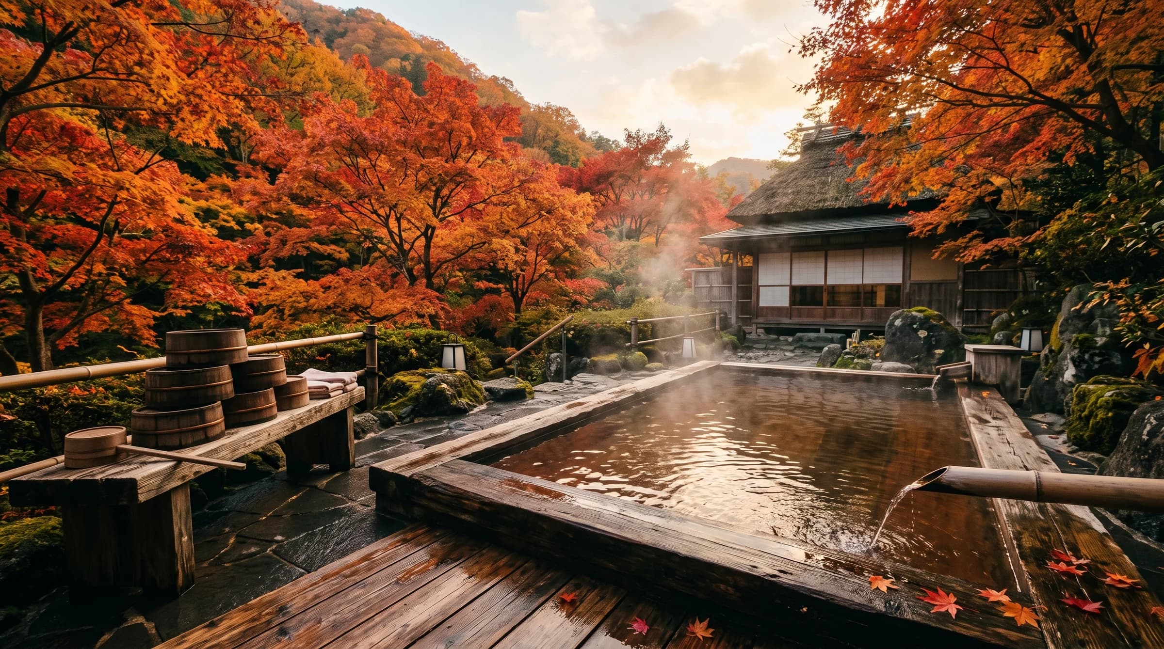 紅葉に包まれた温泉宿の露天風呂