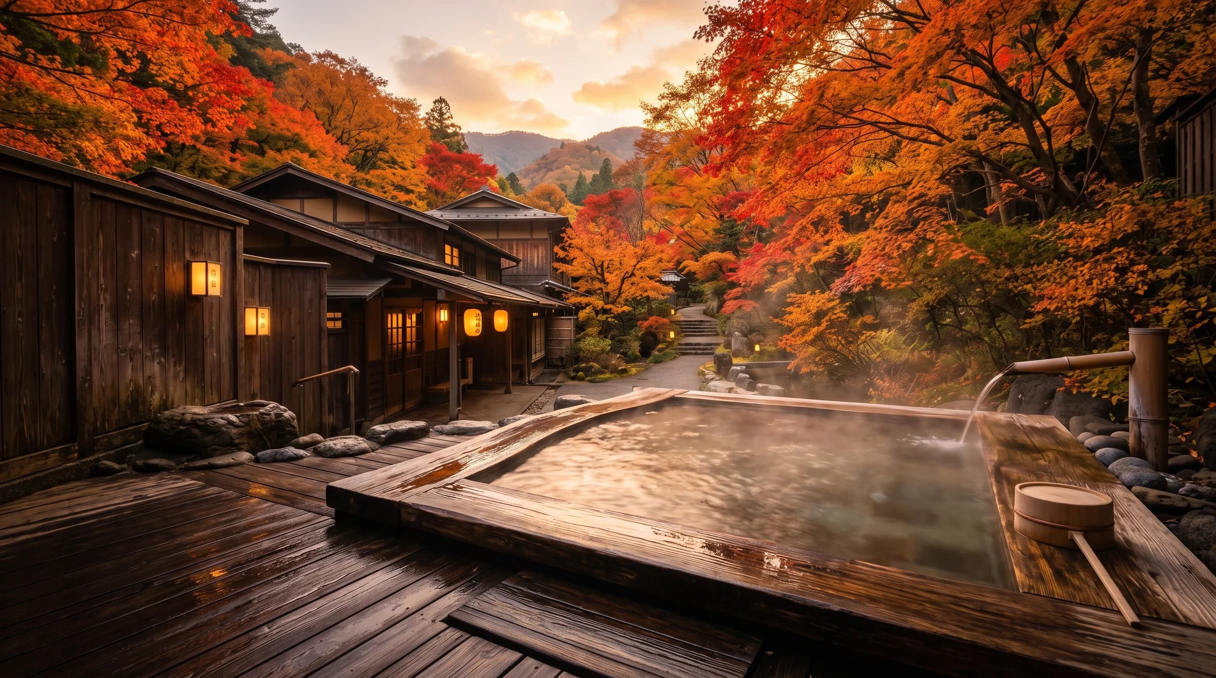 紅葉に包まれた温泉宿の露天風呂